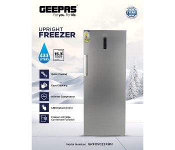 Geepas Single Door Upright Freezer GRFU5025XHN – Inverter Technology, Fridge Conversion, 150W, Grey in KSA