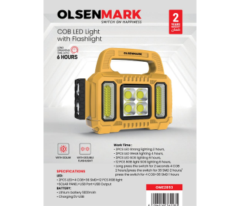 Olsenmark COB LED Light OME2853 – Dual Bulb, 6H Use, Solar/USB Charge, 1800mAh, Indoor/Outdoor, Multi-Functional in KSA