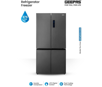 Geepas 575L Multi-Door No-Frost Refrigerator GRFM6904XHN – Inverter Compressor, Multi-Airflow, Smart Functions, Glass Shelves, Black in KSA