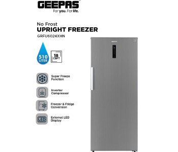 Geepas 510L Convertible Upright Freezer GRFU6024XHN – No Frost, Inverter Compressor, Fridge/Freezer Option, Digital Control, Door Alarm, 190W, Silver in KSA