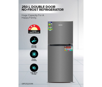 Geepas 250L Double Door Refrigerator GRF2522SXN – No Frost, Multi Air Flow, SS Body, Fast Cooling, LED Light, Grey in KSA