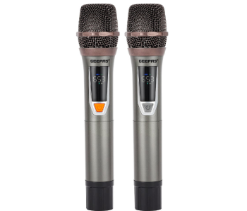 Geepas UHF Wireless Mic Set GMP15015 – 2 Mics, 100 Channels, Wide Frequency, Ideal For Singers, Karaoke & Speeches – Metallic Black in KSA