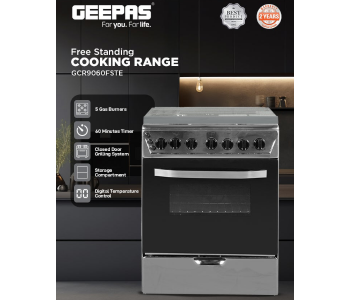 Geepas GCR9060FSTE 90x60cm Freestanding Gas Range, 5 Burners, Grill & Digital Timer – Silver in KSA