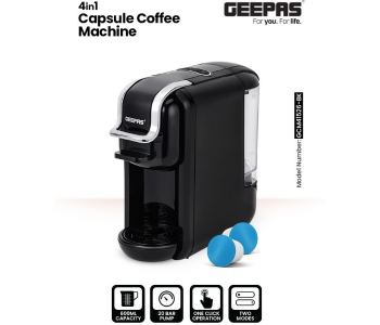 Geepas GCM41526-BK 4-in-1 Capsule Coffee Machine, Fast Heating, 0.6L Tank – Black/Silver in KSA