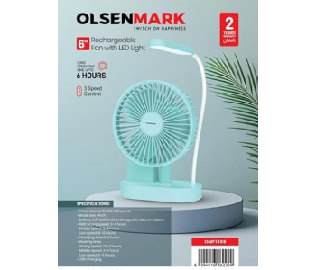 Olsenmark 6 Rechargeable Mini Fan With LED Light OMF1898 – 6H Runtime, 3 Speed, USB Charging, Lightweight, Blue in KSA