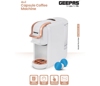 Geepas GCM41526-WT 4-in-1 Capsule Coffee Machine, Fast Heating, 0.6L Tank – White/Rose Gold in KSA