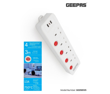 Geepas 4-Way Extension Socket With Individual Switches & 2 USB Ports, Fireproof, 3M Cord – Home & Office in KSA