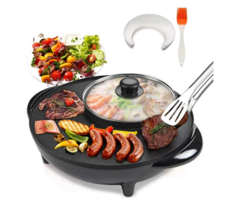 Smokeless Non-Stick Indoor 2 In 1 BBQ Grill & Hot Pot With 5Pcs Barbecue Papers And A Silicone Brush With UK Standard Plug Multi-Function Electric Barbecue Oven For Party Family Gathering in UAE