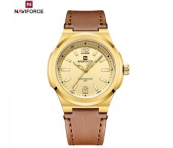 NAVIFORCE NF9233 Men's Classic Analog Quartz Watch, 40mm Golden Case, Brown Leather Strap in UAE