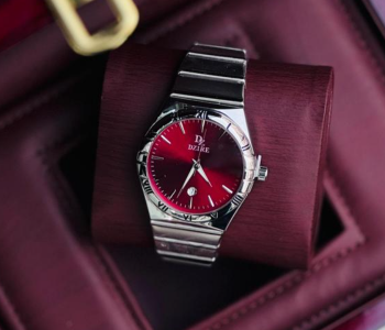 Men Stainless Steel Quartz Watch | Classic Red Dial Date Display | Water Resistant Analogue in UAE