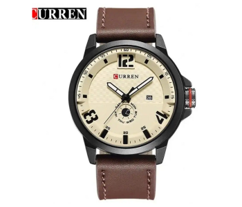 Curren 8253 Men's Analog Quartz Watch - Genuine Leather Strap - 47mm - Brown & Cream in UAE