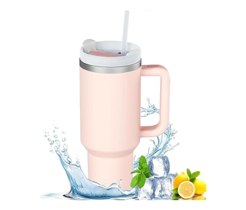 40oz 1500ml Stainless Steel Insulated Tumbler With Handle & Straw Lid | Vacuum Reusable Coffee Cup Travel Mug For Hot & Cold Drinks - Light Pink in UAE