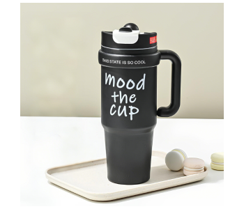 900ml Insulated Stainless Steel Tumbler With Handle & Straw | Large Capacity Thermal Water Bottle | Double Wall Vacuum Travel Cup For Outdoor, Office & Gym Use - Black in UAE