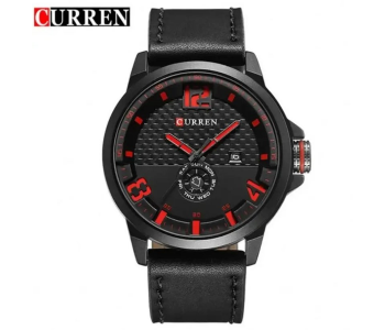 Curren 8253 Men's Sporty Analog Quartz Watch - Leather Strap - 47mm - Black & Red in UAE