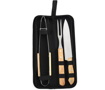 3-Piece Wooden Handle BBQ Tool Set – Stainless Steel Utensils With Classic Wood Grips & Black Carry Case, Grilling Accessories in UAE