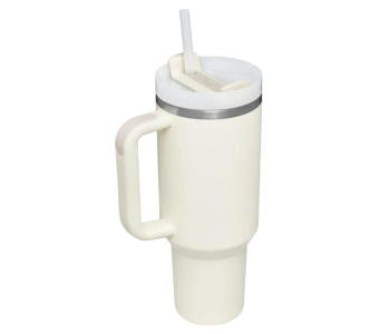 40oz 1500ml Stainless Steel Insulated Tumbler With Handle & Straw Lid | Vacuum Reusable Coffee Cup Travel Mug For Hot & Cold Drinks - White in UAE