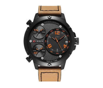 Curren 8262 Men's Triple Time Zone Analog Quartz Watch - Leather Strap - 52mm - Brown & Orange in UAE