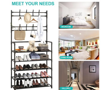 Multifunctional Shoe And Hat Rack - Hall Tree,Freestanding Shoe Rack, Coat Hat Umbrella Rack,Storage Shelves,Entryway Coat Rack,Organizer Closet For Bedroom,Cloakroom (5 Tier, Black) in UAE