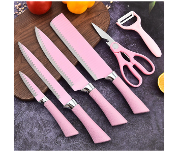 8-Piece Kitchen Knife Set – Stainless Steel Blades With Pink Handles, Chef Knife, Scissor & Peeler, Multipurpose Cutlery in UAE