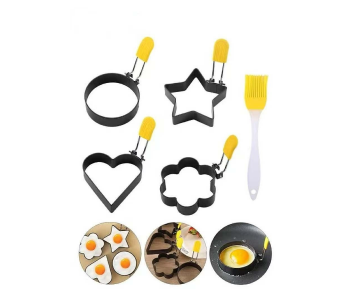 Egg Rings For Breakfast,Mini Pancakes,Fried Eggs,4 Pack Egg Pancake Maker Molds With 1 Brush,Stainless Steel Non Stick Metal 4 Shapes Mold With Yellow Silicone Handle in UAE