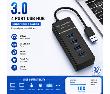 USB 3.0 4-Port Hub With 30cm Cable | 5Gbps SuperSpeed USB Splitter | Plug & Play Multi USB Adapter For Laptop, PC, Mac, Keyboard, Mouse & Flash Drive in UAE
