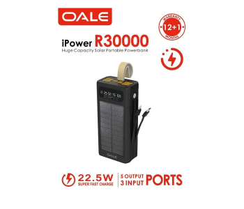 OALE 30000mAh Solar Power Bank, 22.5W Fast Charging, Built-in Type-C & Lightning Cables, Multiple USB Outputs in UAE