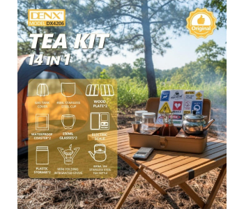 DENX DX4206 14-in-1 Tea Kit Set For Camping, Outdoor Travel And Picnic, Portable Stainless Steel Tea Making Kit With 800ML 304 Stainless Steel Tea Kettle, 450ML Stainless Steel Cup, 150ML Glasses, Wooden Tea Plate, Electric Digital Scale, Mini Folding Integrated Stove, Gas Tank Cover, Waterproof Coasters And Plastic Storage Containers, Compact Outdoor Tea Brewing Accessories Set For Hiking, Camping, Road Trips, Family Picnics And Outdoor Adventures in UAE