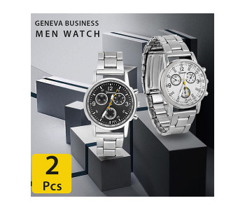 AKM AM018 Geneva Waterproof Business Men's Watch, Grey & Silver - 2 Pieces in UAE