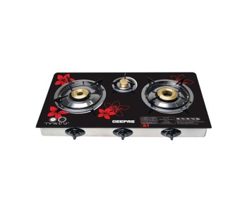 Geepas GK6759 3 Burner Stainless Steel Frame Gas Stove With Hard Glass Top - Red And Black in UAE