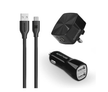 Promate UniCharger.UK Ultra Fast 3 In 1 Dual USB Wall Charger And Car Charger , Black in KSA