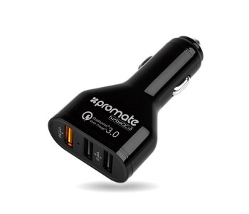 Promate Turbo-QC3 Quick Charge 3.0 42W 3 Port USB Ultra Fast Car Charger, Black in UAE
