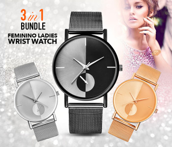 FEMININO Ladies Wrist Watch Combo Of 3 - Sliver, Black & Gold in OMAN