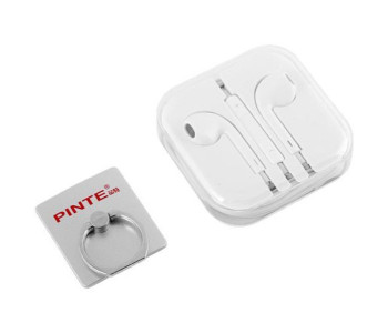 Pinte 2 In 1 Stereo Earphones With Mic And Mobile Ring Holder For Smartphones P-24 White And Stainless Steel in UAE