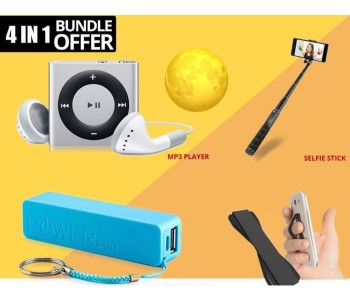 4 In 1 Gift Set Of MP3 Player With Earphone, Pocket Mini Selfie Stick, Mobile Grip Holder And A5 2600mah Power Bank GS4N126 Assorted in UAE