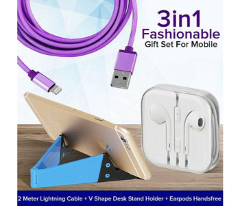 ZE Fashionable 3 In 1 Gift Set For Mobile 2 Meter Lightning Cable, V Shape Desk Stand Holder, Earpods Handsfree With Remote And Mic CE1456 Multicolor in UAE