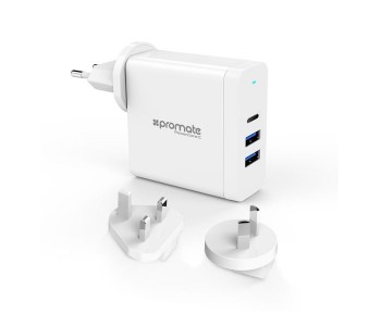 Promate PowerCore-C 60W Multi Regional Plug USB C Wall Adapter With Power Delivery, White in KSA