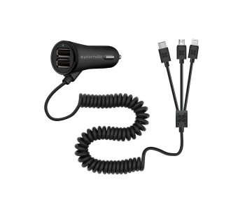 Promate Charger-Trio 3 In 1 Multifunctional Universal Car Charger With Dual USB Ports, Black in KSA