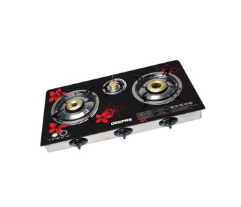 Express Delivery - Geepas GK6759 3 Burner Stainless Steel Frame Gas Stove with Hard Glass Top - Red and Black - ID 14045