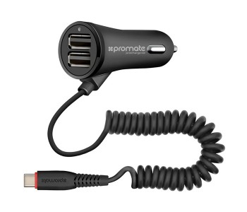 Promate ProCharge-C2 Ultra Fast 3.4A Dual USB Car Charger With Built In USB Type C, Black in KSA