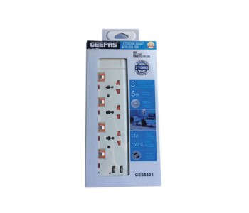 Geepas GES5803 3 Way Extension Socket With 2 USB Port - White in UAE