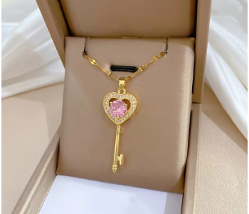 Express Delivery - Gorgeous Lucky Heart Key Copper Inlaid Pink Zirconia Pendant Necklace - ID 141572