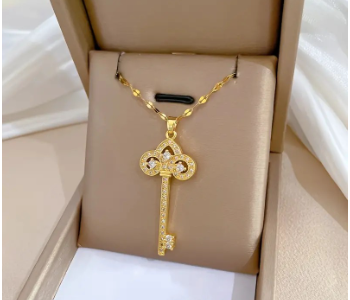 Express Delivery - Elegant Crown Key Copper Inlaid Zirconia Pendant Lucky Necklace - ID 141579