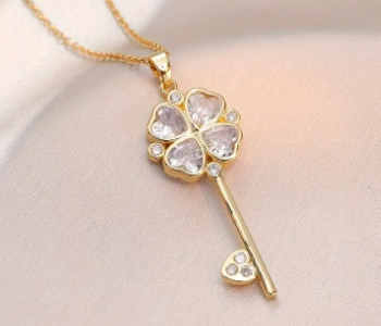 Express Delivery - Shiny Transparent Cubic Zirconia Lucky Flower Key Pendant Necklace - ID 141600