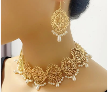 Express Delivery - Elegant Indian Inspired Jewelry Set 3 Piece Gold Tone Necklace and Earrings with Pearl Drops - ID 141633