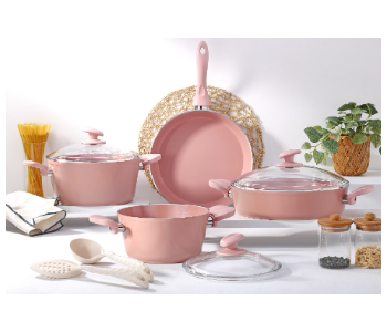 Express Delivery - Avci Home Maker Hella 9 Pieces Pink Ceramic Coating Cookware Set - ID 7142144