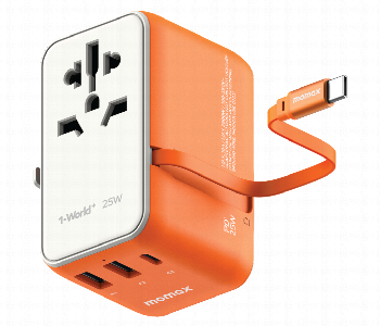 Express Delivery - MOMAX 1 WORLD 25W 3 PORT WITH BUILT IN USB C CABLE AC TRAVEL ADAPTOR ORANGE - ID 7143136