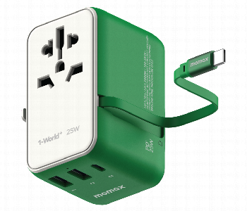 Express Delivery - MOMAX 1 WORLD 25W 3 PORT WITH BUILT IN USB C CABLE AC TRAVEL ADAPTOR GREEN - ID 7143137