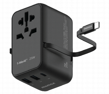 Express Delivery - MOMAX 1 WORLD 25W 3 PORT WITH BUILT IN USB C CABLE AC TRAVEL ADAPTOR  BLACK - ID 7143138