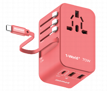 Express Delivery - MOMAX 1 WORLD 70W GAN 3 PORT WITH BUILT IN USB C CABLE AC TRAVEL ADAPTOR RED - ID 7143140