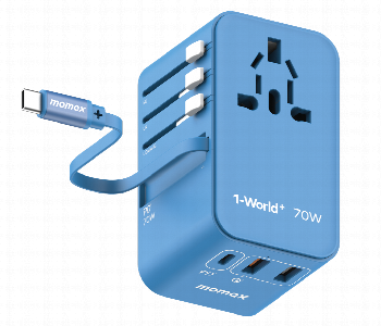 Express Delivery - MOMAX 1 WORLD 70W GAN 3 PORT WITH BUILT IN USB C CABLE AC TRAVEL ADAPTOR BLUE - ID 7143141